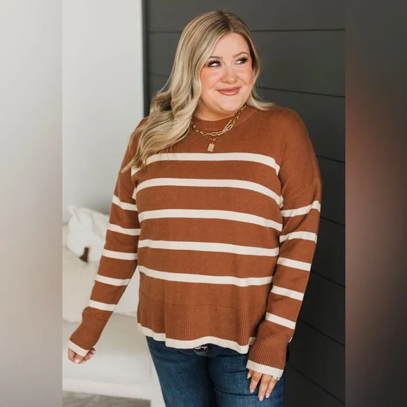 Burnt Orange Cream Striped Soft Knit Lightweight Sweater, Relaxed Fit, Medium